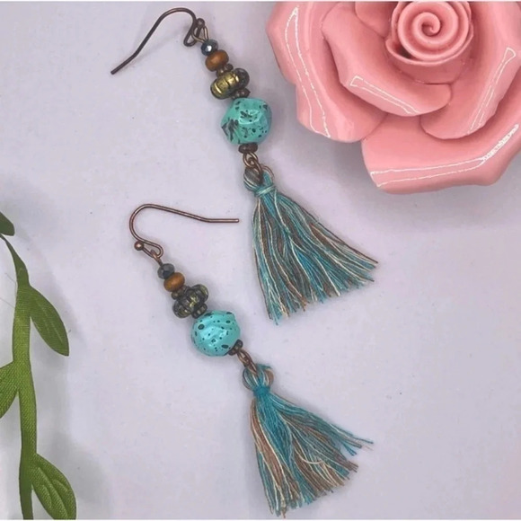 1 LEFT! Turquoise Beaded Tassel Earrings - Picture 1 of 3
